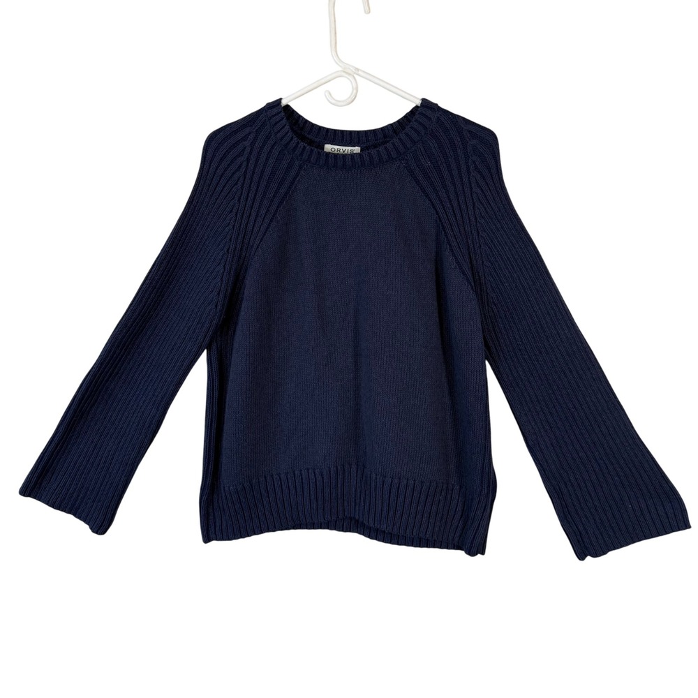 Orvis Navy Blue Cotton Ribbed Knit Raglan Sleeve Sweater Size L Fisherman‎ Comfy